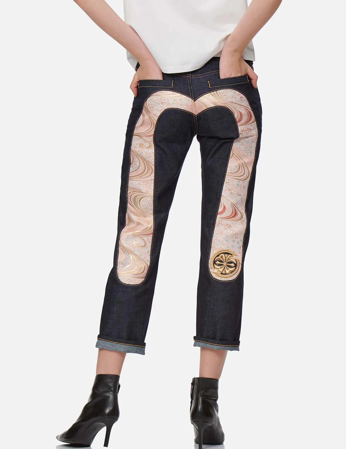 Sakura-pattern Brocade Daicock Insert Boyfriend Jeans