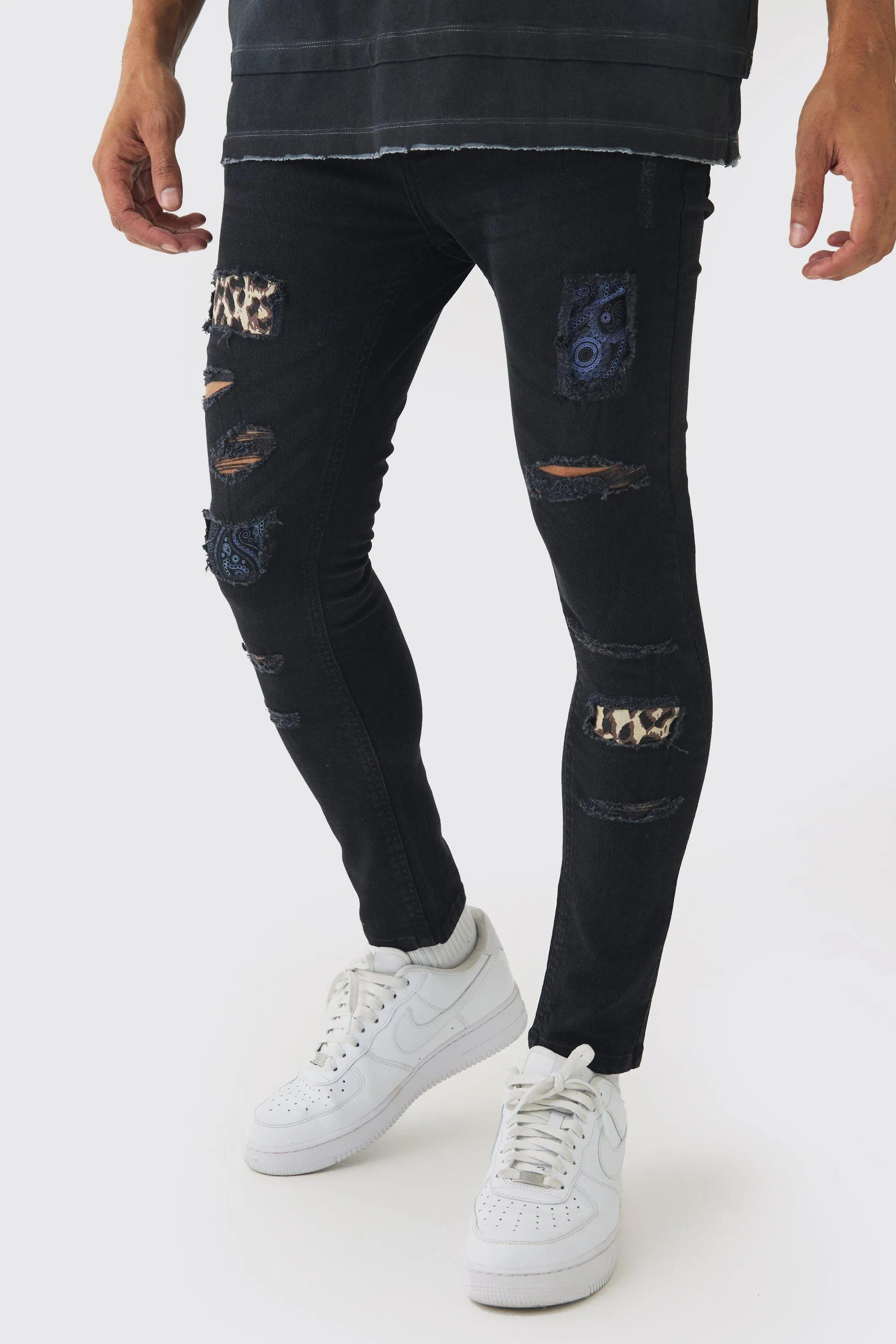 Skinny Fit Rip & Repair Paisley Leopard Jeans | boohooMAN UK