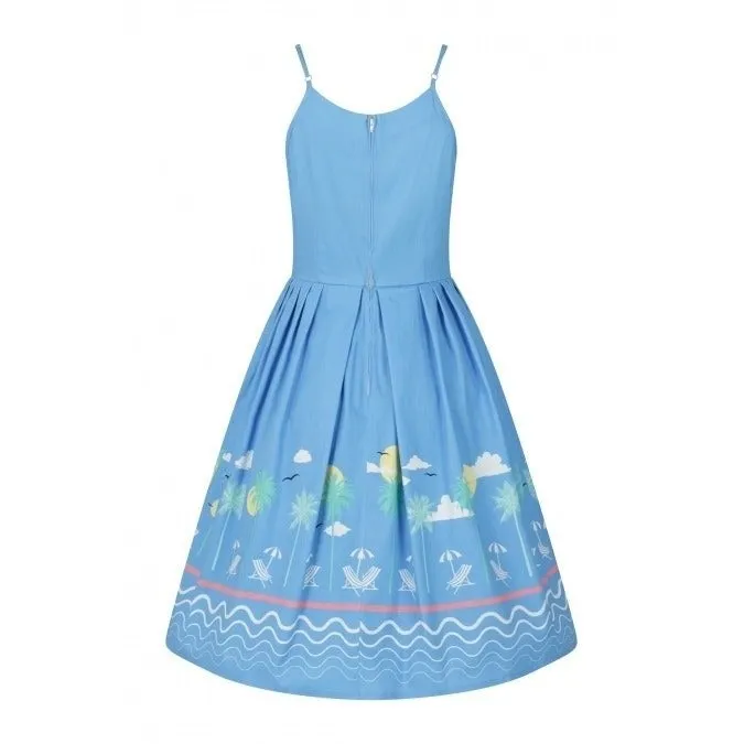 Sky Blue Beach Print Summer Cotton 50s Swing Dress