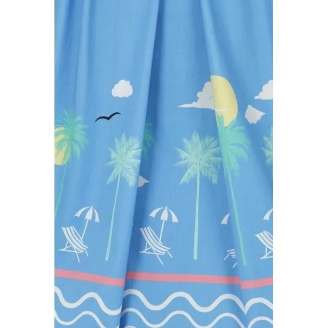 Sky Blue Beach Print Summer Cotton 50s Swing Dress