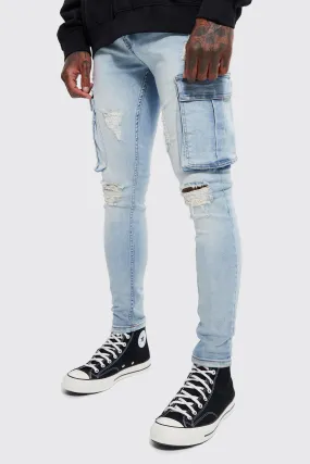 Super Skinny Multi Rip Cargo Jeans | boohooMAN UK