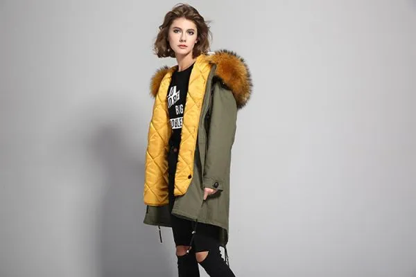 Trench coat woman fur hood with leather details