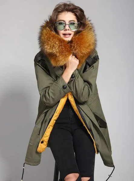 Trench coat woman fur hood with leather details