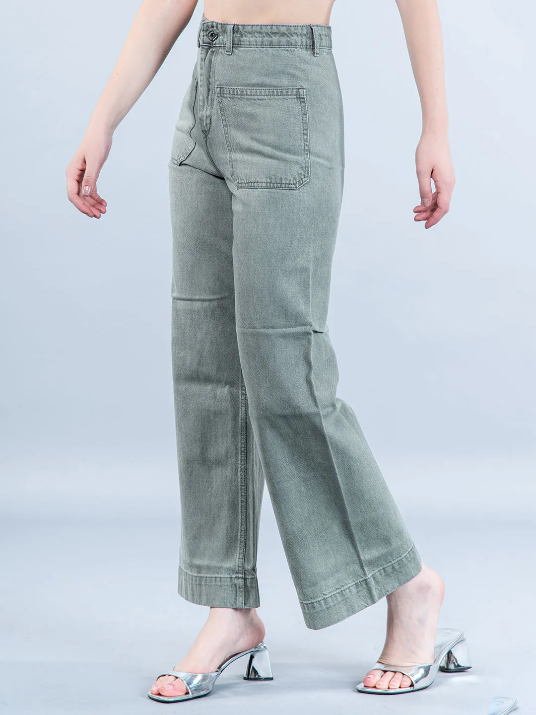 Two Pocket Olive Flared Jeans For Women