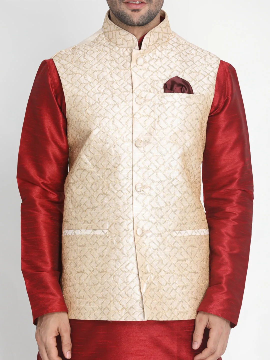 VASTRAMAY Men's Beige Silk Blend Ethnic Jacket