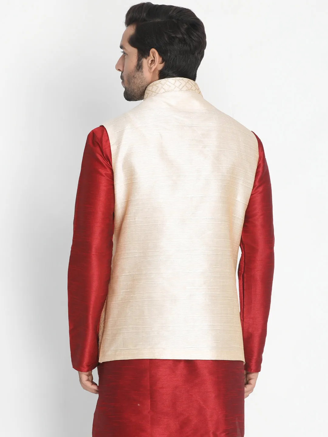 VASTRAMAY Men's Beige Silk Blend Ethnic Jacket