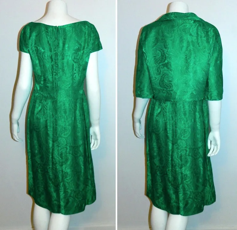 vintage 1950s emerald green wiggle dress Lee Claire Brocade suit bolero jacket M - L