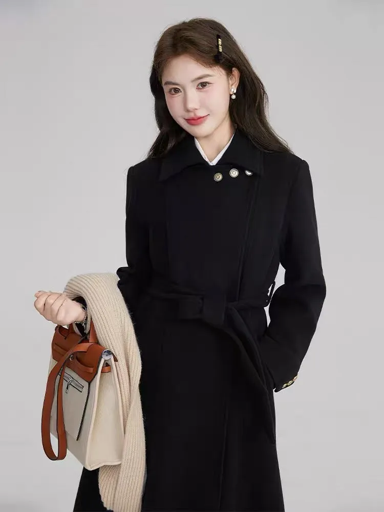 Volstagg 100 wool black double-sided woolen coat for women autumn and winter Hepburn style mid-length woolen coat