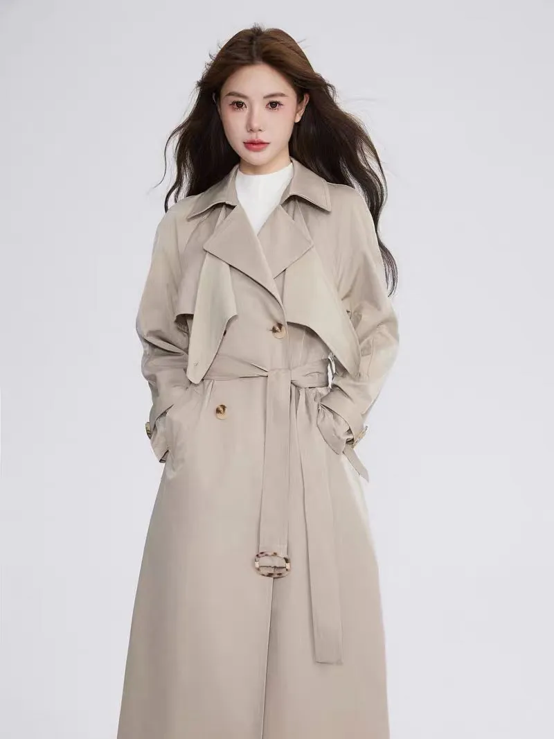 Volstagg khaki trench coat women's autumn British style high-end retro Hepburn style mid-length coat