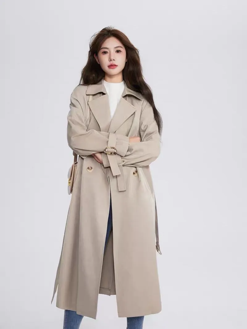 Volstagg khaki trench coat women's autumn British style high-end retro Hepburn style mid-length coat