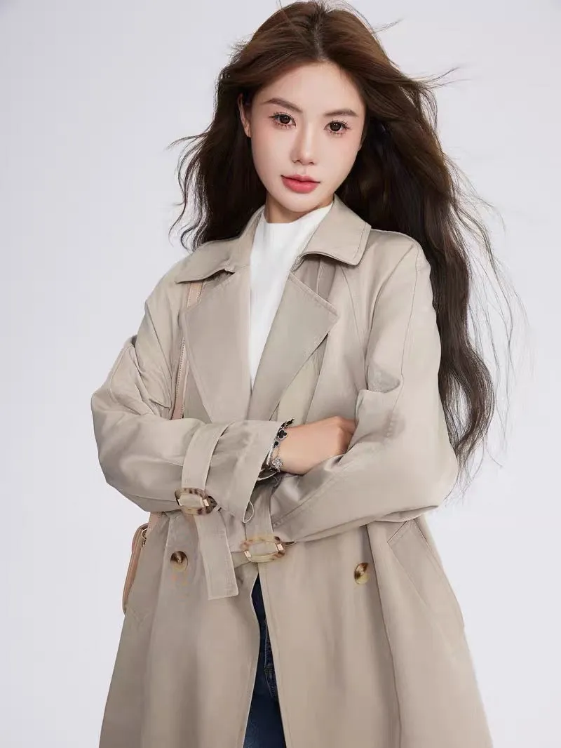 Volstagg khaki trench coat women's autumn British style high-end retro Hepburn style mid-length coat