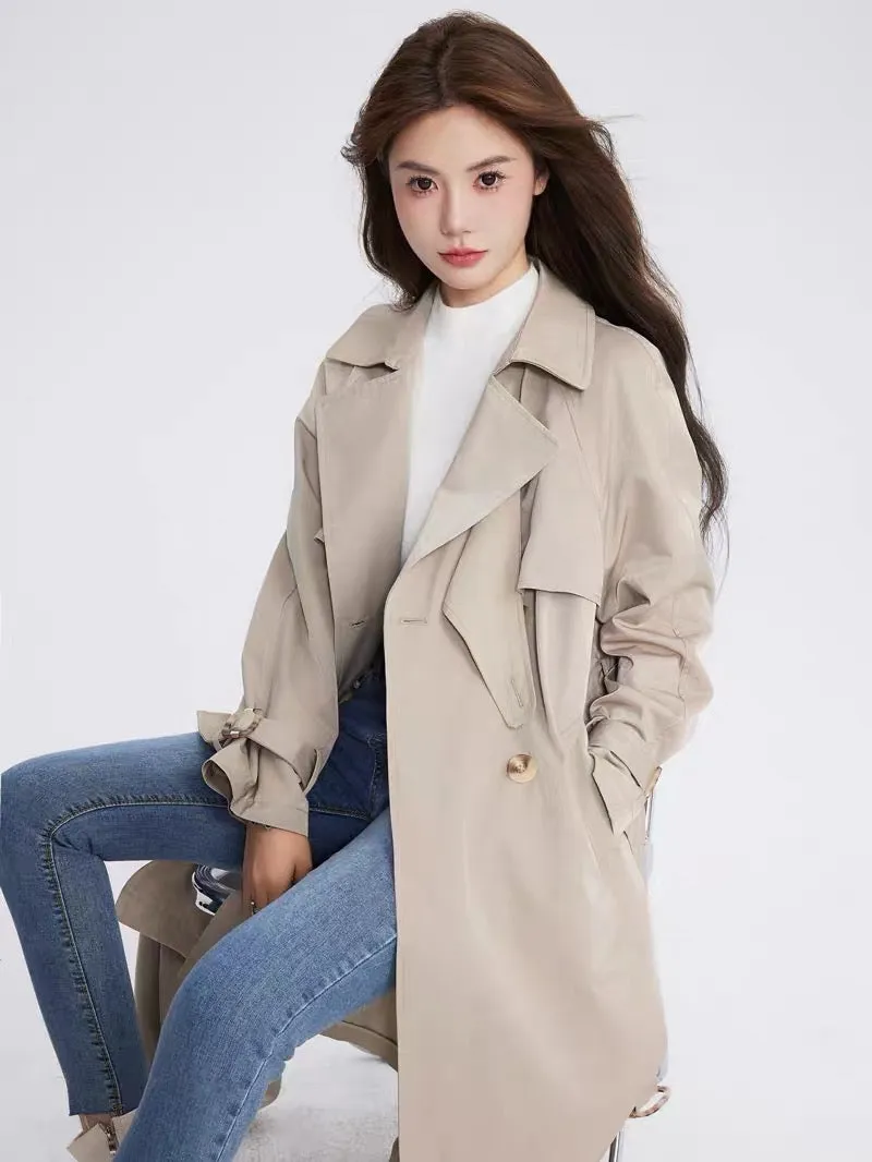 Volstagg khaki trench coat women's autumn British style high-end retro Hepburn style mid-length coat