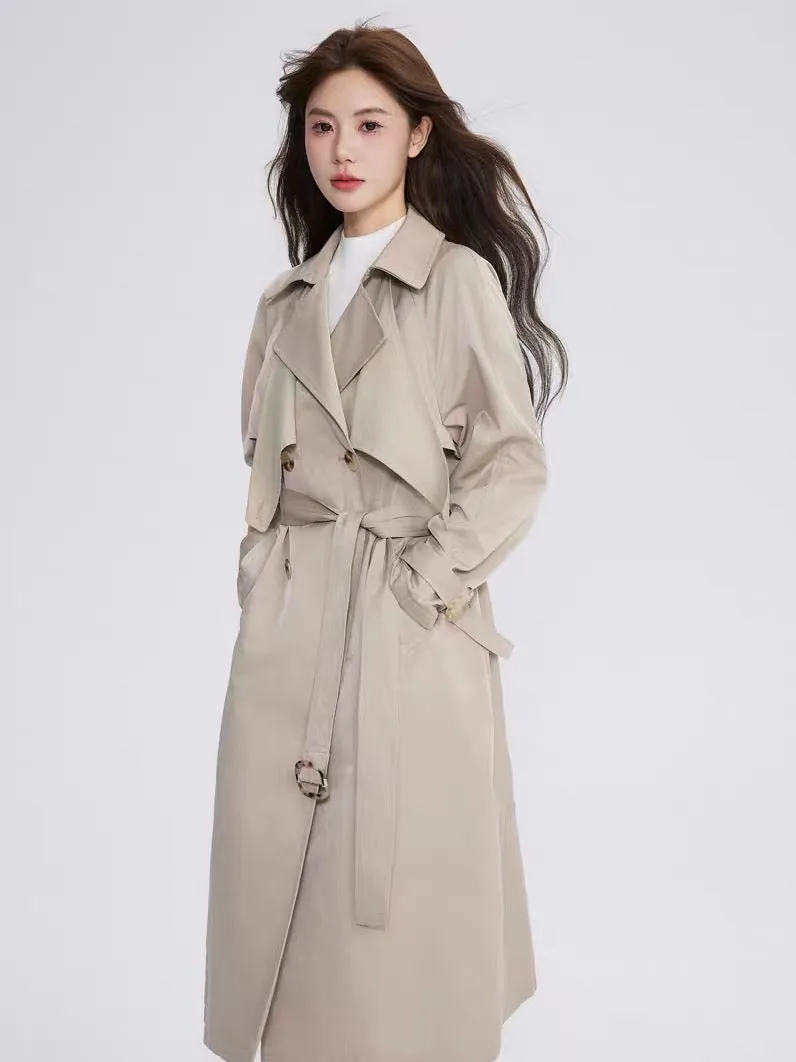 Volstagg khaki trench coat women's autumn British style high-end retro Hepburn style mid-length coat