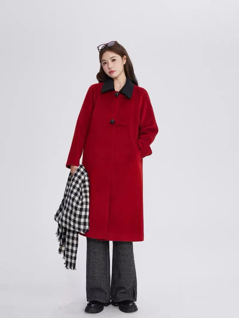 Volstagg red woolen coat for women autumn and winter high-end Hepburn style mid-length loose woolen coat