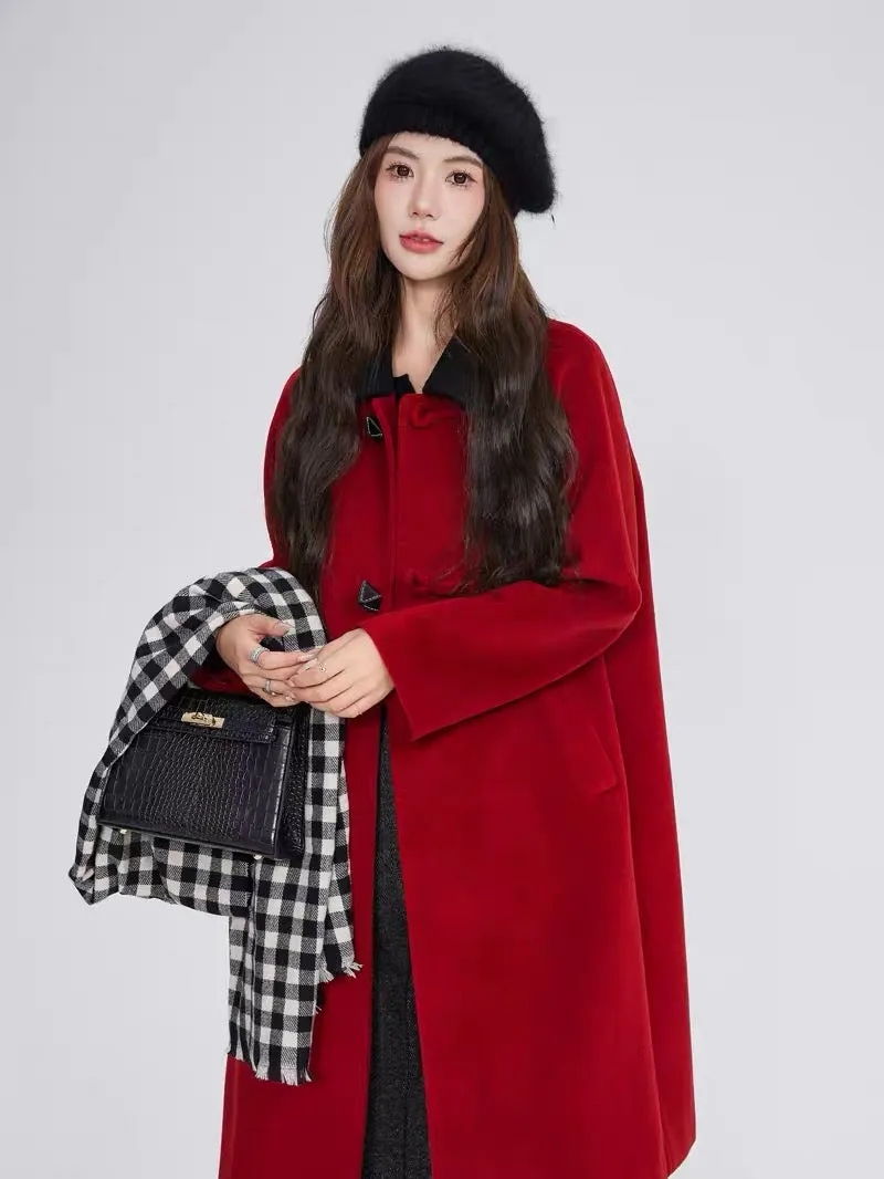 Volstagg red woolen coat for women autumn and winter high-end Hepburn style mid-length loose woolen coat