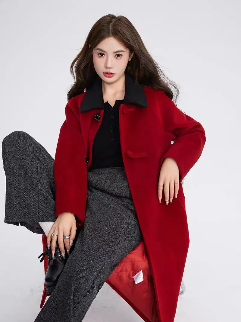 Volstagg red woolen coat for women autumn and winter high-end Hepburn style mid-length loose woolen coat