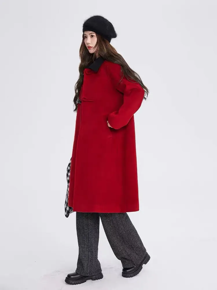 Volstagg red woolen coat for women autumn and winter high-end Hepburn style mid-length loose woolen coat