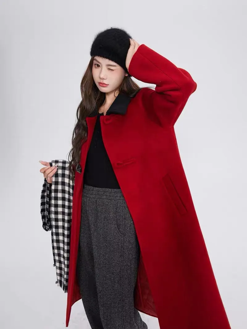 Volstagg red woolen coat for women autumn and winter high-end Hepburn style mid-length loose woolen coat