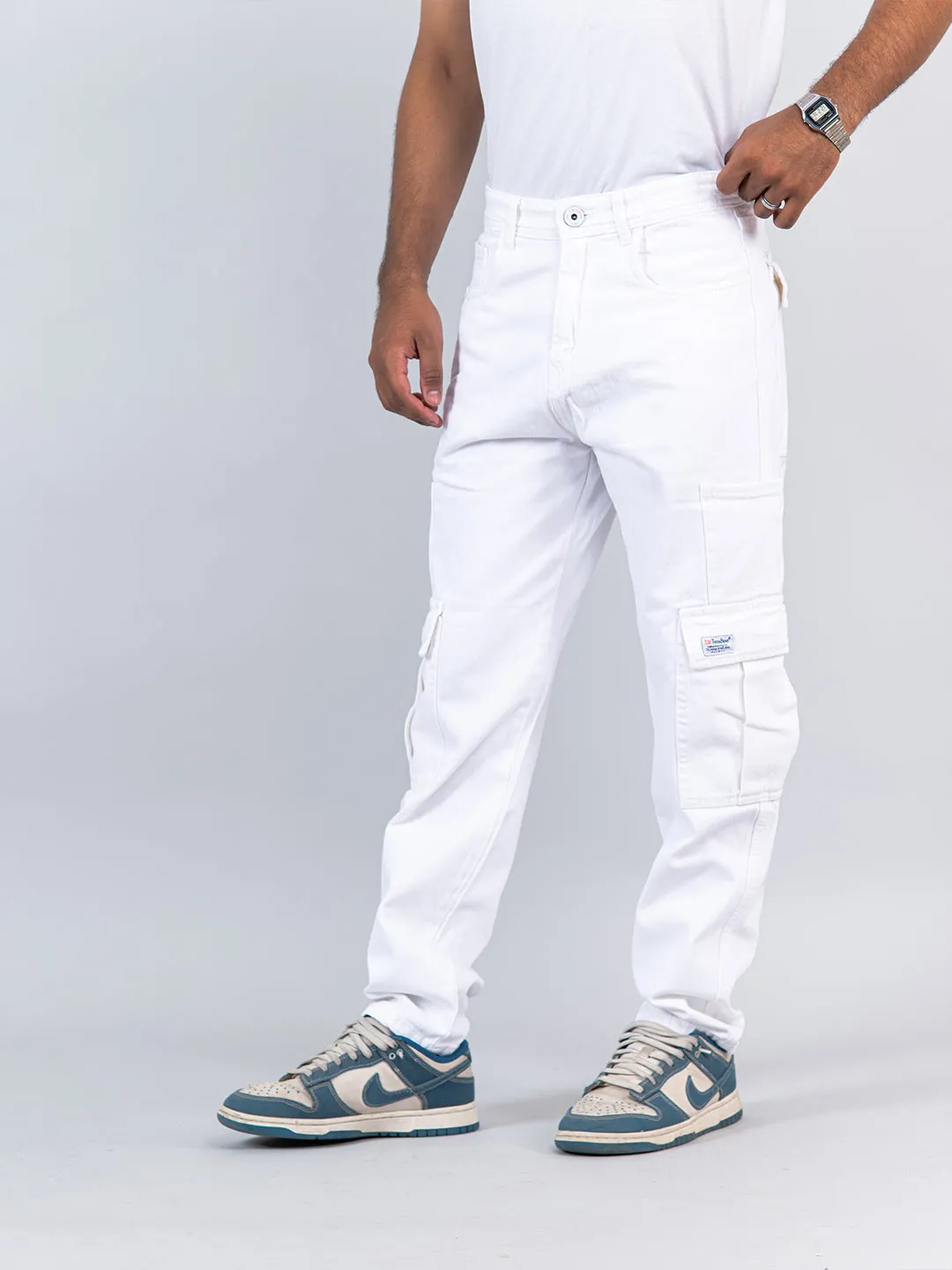 White Cargo Baggy Fit Denim Jeans