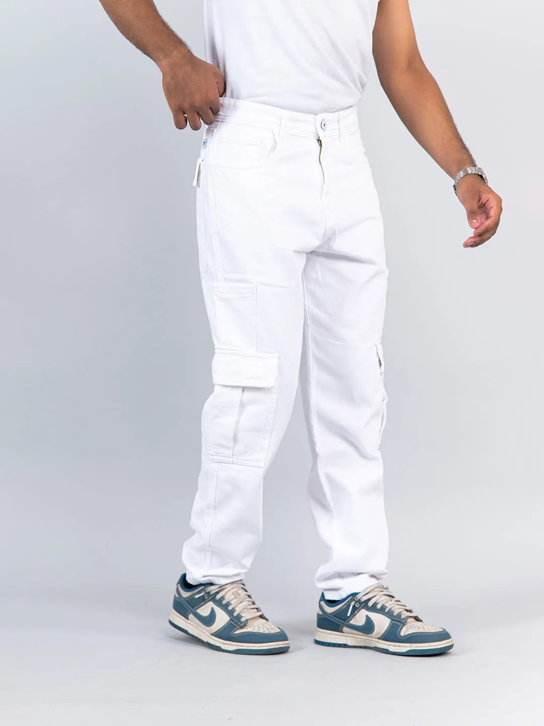 White Cargo Baggy Fit Denim Jeans