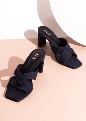 Women Navy Denim Criss-Cross Strap Block Heels