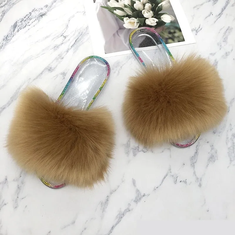 Women's Fashion Summer Sexy Camel Synthetic Fur Slides House Slippers