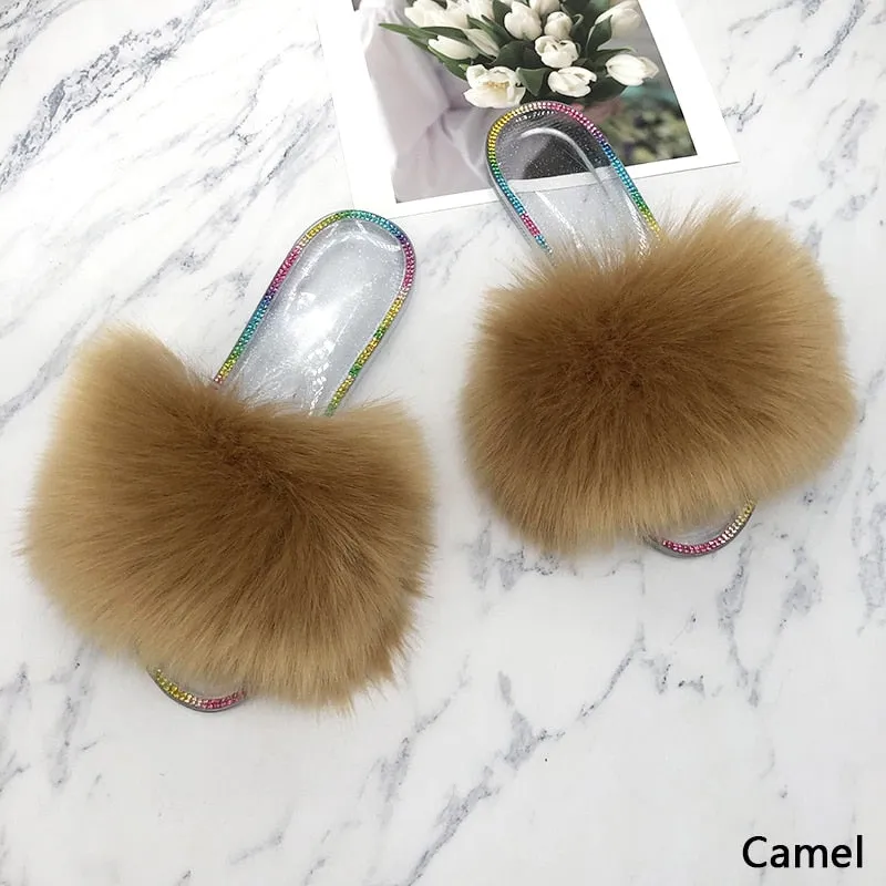 Women's Fashion Summer Sexy Camel Synthetic Fur Slides House Slippers