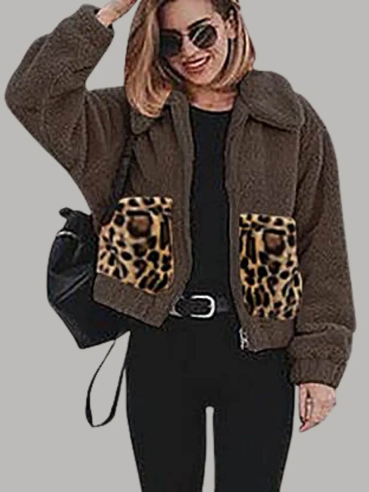 Women's Fluffy Fleece jacket with Leopard Pockets