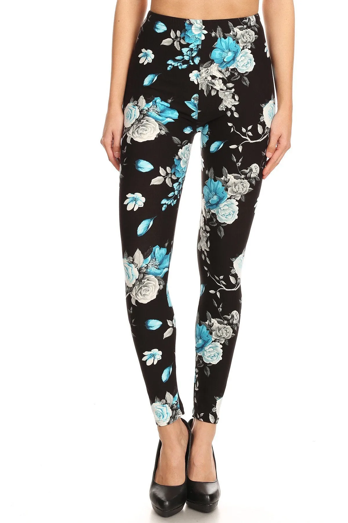 Women's Plus Blue Flower and Bird Pattern Printed Leggings