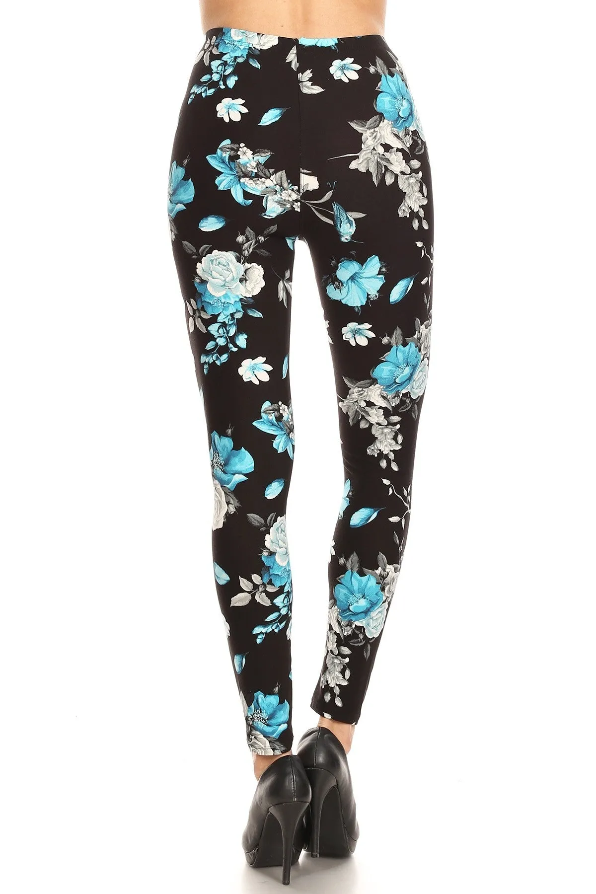 Women's Plus Blue Flower and Bird Pattern Printed Leggings