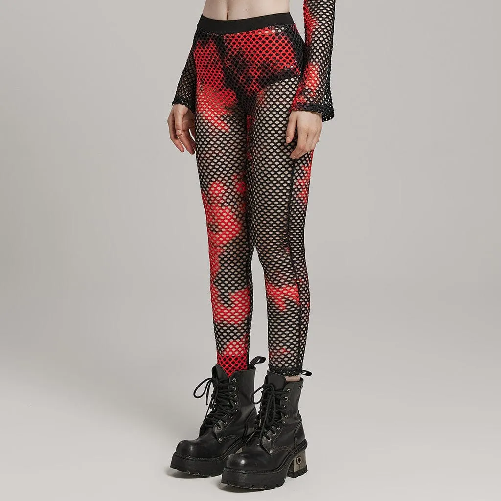 Women's Punk Mesh Tie-dyed Leggings Black-Red