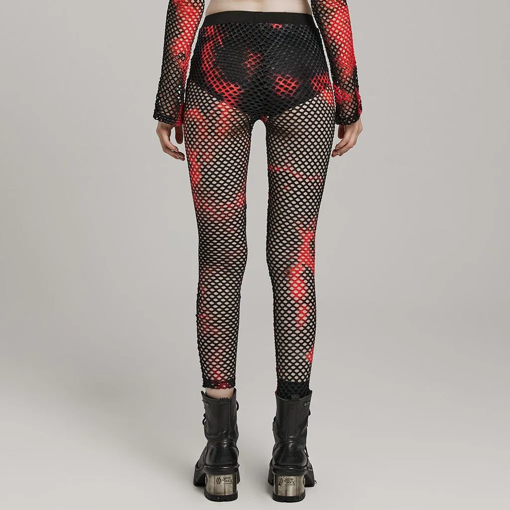 Women's Punk Mesh Tie-dyed Leggings Black-Red