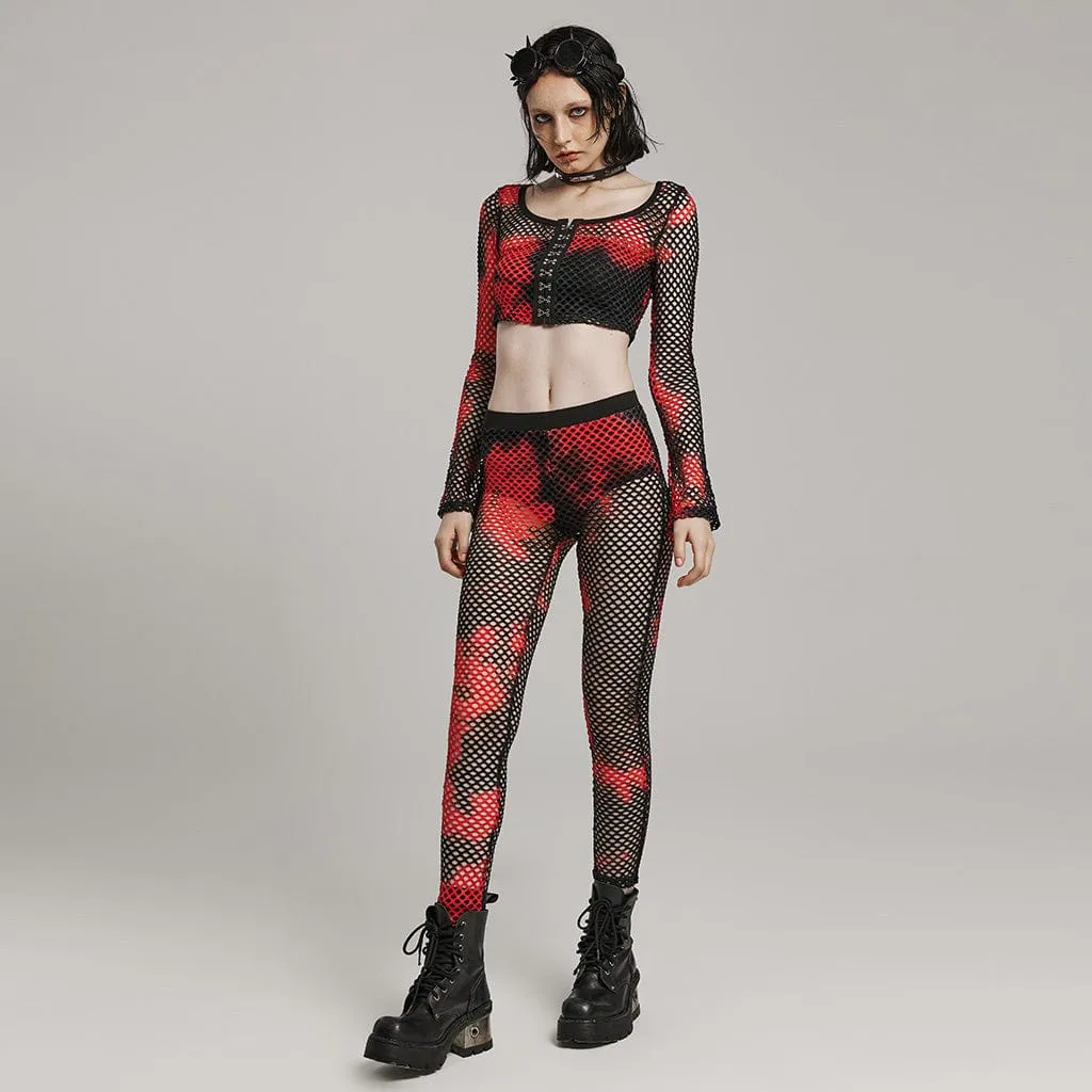 Women's Punk Mesh Tie-dyed Leggings Black-Red