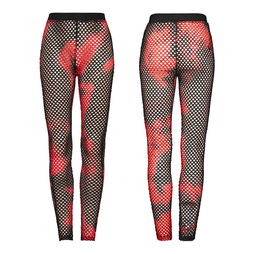 Women's Punk Mesh Tie-dyed Leggings Black-Red