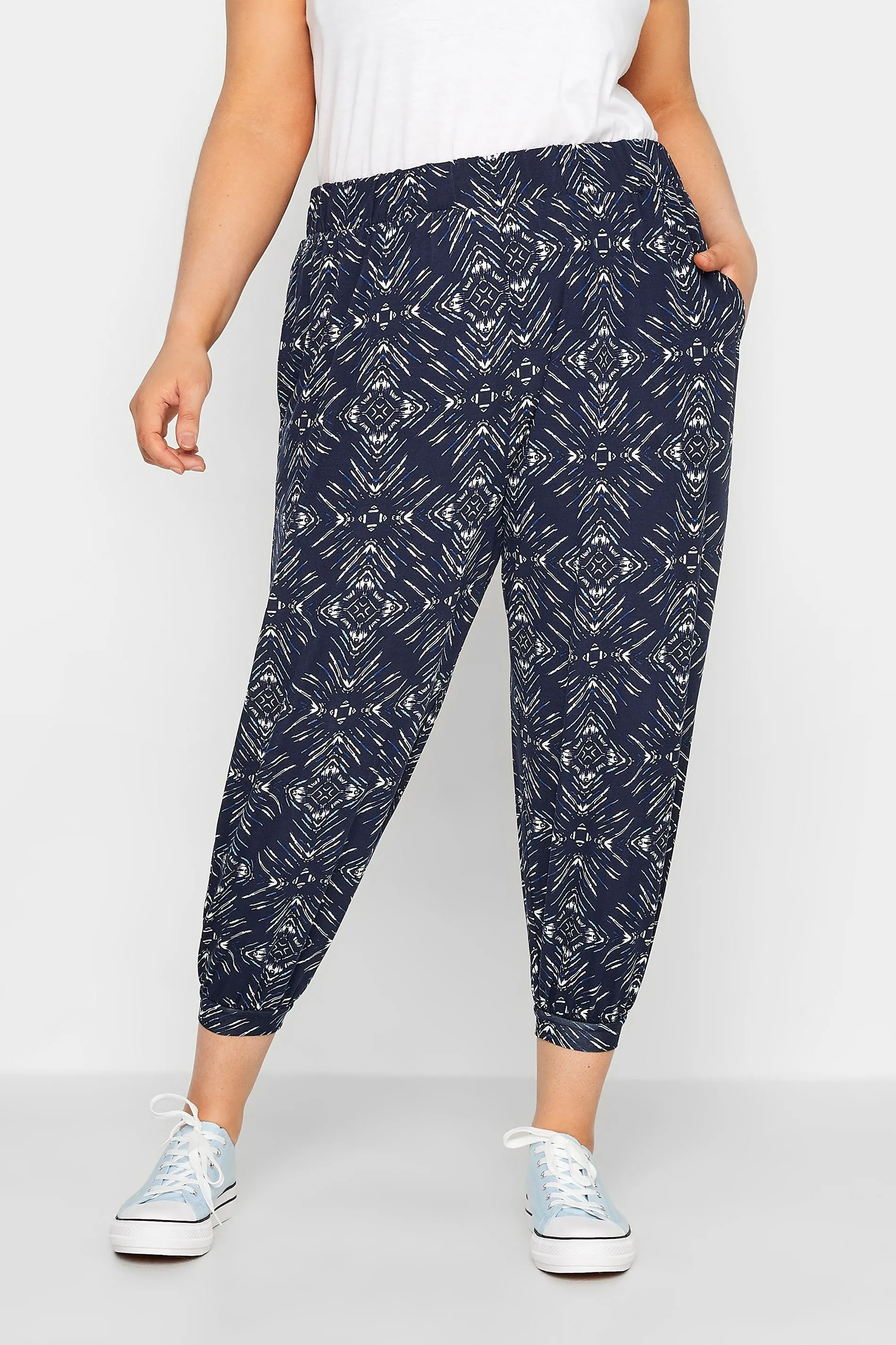 YOURS Curve Navy Blue Diamond Print Cropped Harem Trousers