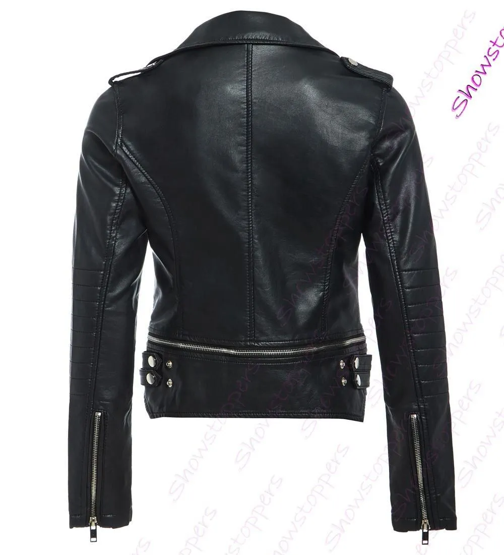  Zipped and Cropped Faux Leather Biker Jacket