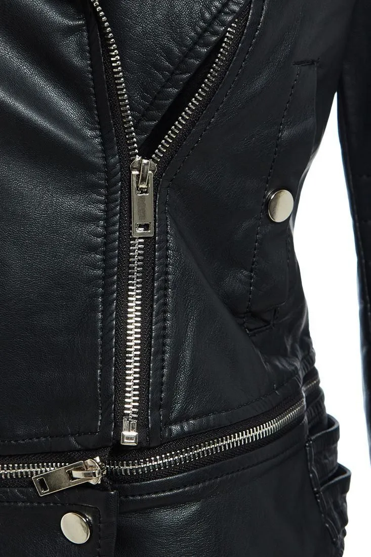  Zipped and Cropped Faux Leather Biker Jacket